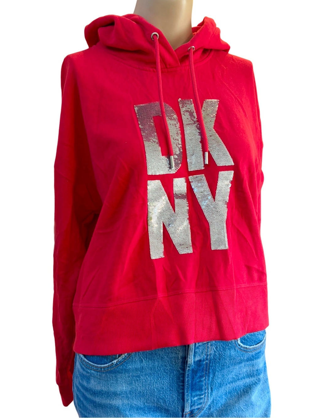 DKNY Sport Sequin Logo Hoodie Red Silver Pullover Sweatshirt M NWOT
